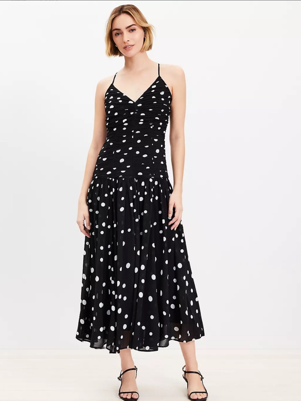 LOFT Black and White Polka Dot Midi Dress